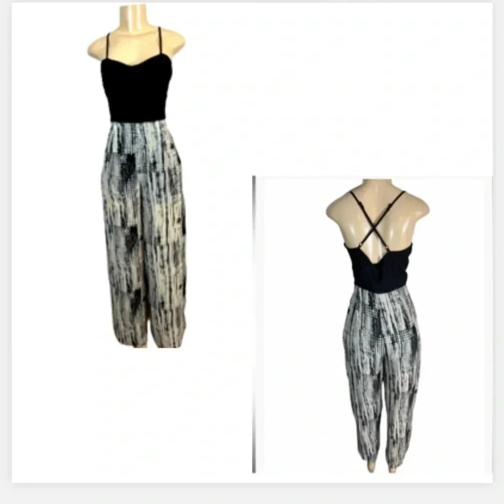 Pinky Jumpsuit black&cream print spaghetti strap sleeveless polyester size small